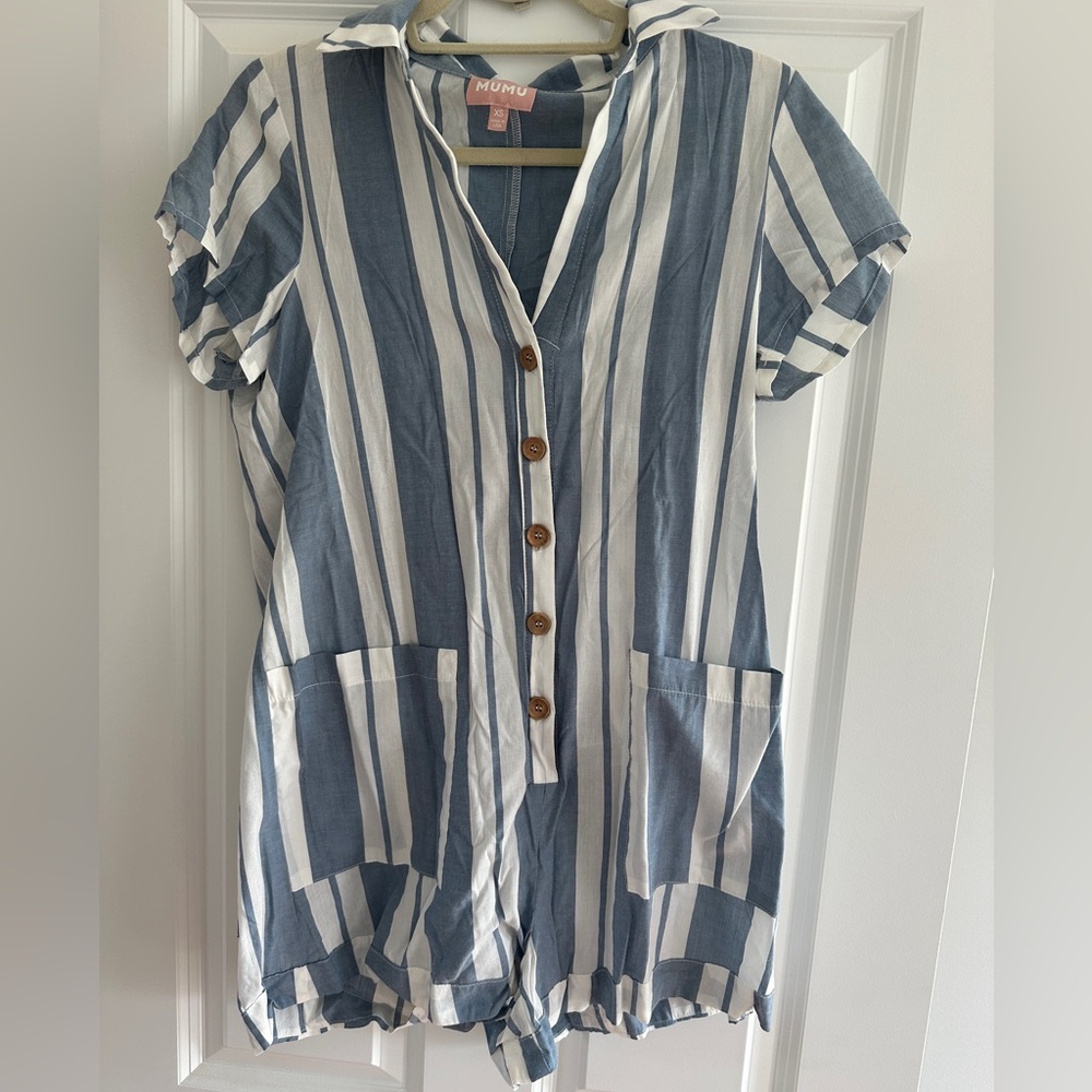 Show me your Mumu Blue and White Striped Button-Up Romper